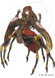 Rule 34 | 1girl, arachne, arthropod girl, arthropod limbs, black gloves, black kimono, breasts, brown hair, centauroid, closed mouth, clover theater, commentary request, extra eyes, extra legs, fingerless gloves, flower, gloves, green eyes, hair flower, hair ornament, hands up, highres, insect girl, japanese clothes, kimono, lansane, large breasts, long hair, long sleeves, looking at viewer, monster girl, official art, red flower, silk, simple background, smile, solo, spider girl, spider lily, spider web, taur, white background, wide sleeves