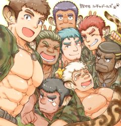 Rule 34 | 6+boys, :d, abs, bandaid, bandaid on face, bandaid on nose, bara, bare pectorals, belt, blonde hair, blush, brown hair, camouflage, camouflage shirt, character request, dark-skinned male, dark skin, dog tags, double v, drooling, facial hair, goatee, green hair, grey hair, group picture, highres, large pectorals, male focus, multiple boys, muscular, muscular male, navel, nipples, one eye closed, open clothes, open mouth, open shirt, panther boy, panther ears, panther tail, pectorals, purple hair, red hair, shirt, short hair, sideburns, sleeping, sleeping on person, smile, stomach, stubble, summon lw, thick eyebrows, tokyo houkago summoners, upper body, v, valiant wrestler (housamo), very dark skin, world wrestler (housamo)