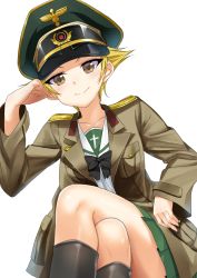 Rule 34 | 10s, 1girl, absurdres, bad id, bad pixiv id, black bow, black footwear, blonde hair, blouse, blurry, blurry foreground, boots, bow, brown eyes, brown jacket, close-up, closed mouth, crossed legs, depth of field, erwin (girls und panzer), foreshortening, girls und panzer, goggles, goggles on headwear, green hat, green skirt, hand on headwear, hat, head rest, head tilt, highres, jacket, long sleeves, looking at viewer, military hat, military jacket, miniskirt, ooarai school uniform, open clothes, open jacket, peaked cap, pleated skirt, pointy hair, sakimaru, school uniform, serafuku, shirt, short hair, simple background, skirt, smile, solo, white background, white shirt