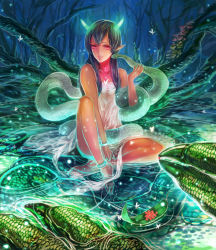 Rule 34 | 1girl, anklet, bad id, bad pixiv id, bare shoulders, barefoot, berry, between legs, black hair, bracelet, bug, butterfly, claws, dark-skinned female, dark skin, dress, forest, full body, gem, glowing, hand between legs, horns, insect, jewelry, knee up, leaf, light smile, looking at viewer, miyano akihiro, monster, mushroom, nature, necklace, night, original, outdoors, parted bangs, partially submerged, pendant, pointy ears, red eyes, scales, see-through, sidelocks, sitting, smile, snake, solo, tree, water, white dress