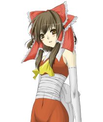 Rule 34 | 1girl, bad id, bad pixiv id, bandages, bandages, blush, bodypaint, bow, brown eyes, brown hair, false clothes, female focus, hakurei reimu, naked bandage, naked paint, nude, painted clothes, ribbon, skyhill, solo, touhou