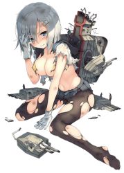 Rule 34 | 10s, 1girl, adjusting hair, anti-aircraft, anti-aircraft gun, blue eyes, blush, breasts, cannon, closed mouth, damaged, full body, gloves, grey skirt, hair ornament, hair over one eye, hamakaze (kancolle), kantai collection, looking at viewer, official art, pantyhose, parsley-f, pleated skirt, short hair, short sleeves, silver hair, skirt, solo, thigh strap, torn clothes, torn pantyhose, transparent background, turret, white gloves