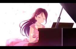 Rule 34 | 1girl, artist name, artist request, blush, bow, breasts, brown hair, collarbone, dress, earrings, closed eyes, female focus, hair bow, hair ornament, highres, instrument, jewelry, long hair, looking at viewer, love live!, love live! school idol festival, love live! sunshine!!, marshall (wahooo), necklace, parted lips, pearl necklace, petals, piano, pink dress, pink petals, pink scrunchie, pink skirt, polka dot, polka dot scrunchie, puffy short sleeves, puffy sleeves, red hair, sakurauchi riko, scrunchie, short sleeves, sitting, skirt, small breasts, smile, solo, white bow, wrist scrunchie