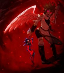Rule 34 | 1boy, angel, child, evil, full body, gradient background, kid icarus, looking at viewer, male focus, nintendo, pit (kid icarus), red theme, sandals, solo, sword, weapon, wings, wreath, yandere