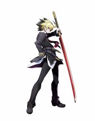 Rule 34 | 1boy, belt, blazblue, blazblue: cross tag battle, blonde hair, buckle, full body, hand on own hip, highres, higuchi konomi, katana, kido hyde, looking at viewer, male focus, multicolored hair, multiple belts, necktie, official art, red eyes, red necktie, school uniform, simple background, solo, spiked hair, sword, two-tone hair, under night in-birth, weapon, white background