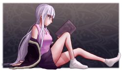 1girl andreidtale black_background border danganronpa:_trigger_happy_havoc danganronpa_(series) female_focus full_body gradient_background kirigiri_kyoko matching_hair/eyes pink_shirt pink_tank_top pleated_skirt purple_eyes purple_hackground purple_hair purple_skirt shirt simple_background skirt socks solo solo_focus tank_top white_border white_footwear white_socks