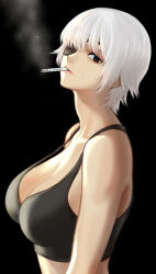 Rule 34 | 1girl, alternate hair color, black background, black bra, bra, breasts, chainsaw man, cigarette, cleavage, collarbone, commentary, eyepatch, highres, himeno (chainsaw man), holding, holding cigarette, large breasts, looking at viewer, short hair, simple background, smoking, solo, teardrop, tears, underwear, underwear only, upper body, white hair, yukimune