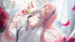 Rule 34 | 1girl, absurdres, azur lane, bare shoulders, blush, breasts, cleavage, curtains, detached collar, detached sleeves, flower, flower to mouth, freng, frilled hairband, frills, from above, hairband, highres, holding, holding flower, large breasts, long hair, looking at viewer, pantyhose, perseus (azur lane), petals, pink hair, red eyes, red flower, red rose, rose, sitting, solo, white pantyhose, white sleeves, window