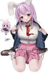 Rule 34 | 1girl, absurdres, animal ears, artist name, black jacket, blazer, blush, breasts, brown footwear, buttons, collared shirt, hair between eyes, highres, jacket, large breasts, light purple hair, long hair, long sleeves, looking at viewer, multiple views, necktie, open clothes, open jacket, open mouth, pink skirt, pleated skirt, rabbit ears, red eyes, red necktie, reisen udongein inaba, revision, sakaki (utigi), shirt, shoes, signature, simple background, sitting, skirt, socks, touhou, wariza, white background, white shirt, white socks