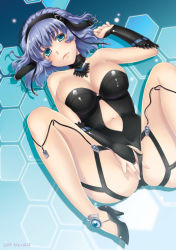 Rule 34 | 1girl, aqua centolm, artist name, banpresto, bare shoulders, blue eyes, blue hair, blush, breasts, bridal gauntlets, cleavage, clothing cutout, covering privates, covering crotch, gloves, grin, hairband, high heels, hiyoshi hana, jewelry, knees to chest, large breasts, legs, lying, matching hair/eyes, navel, navel cutout, on back, purple hair, sexually suggestive, shoes, short hair, smile, solo, spread legs, super robot wars, super robot wars mx, super robot wars original generation, thighs
