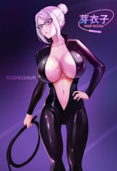 Rule 34 | 1girl, bad id, bad pixiv id, bdsm, black-framed eyewear, black bodysuit, bodysuit, boots, breasts, catsuit, cleavage, collarbone, covered erect nipples, dominatrix, hair bun, hand on own hip, holding, holding whip, huge breasts, koshio, latex, latex bodysuit, looking at viewer, navel, no bra, parted bangs, plunging neckline, prison school, red eyes, rubber boots, shiraki meiko, sidelocks, silver hair, single hair bun, skin tight, solo, whip