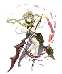 Rule 34 | 1boy, ahoge, bandages, belt, belt pouch, chain, dual wielding, fingerless gloves, full body, gloves, green eyes, green hair, hairband, high collar, holding, ji no, looking at viewer, male focus, midriff, navel, official art, pinocchio (sinoalice), pouch, reverse grip, shorts, sinoalice, solo, transparent background