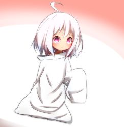 Rule 34 | 1girl, ahoge, blush, closed mouth, commentary request, dutch angle, hair between eyes, highres, idaten93, long sleeves, looking away, off shoulder, original, oversized clothes, pink background, purple eyes, shirt, silver hair, sleeves past fingers, sleeves past wrists, solo, two-tone background, white background, white shirt