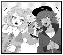 Rule 34 | 1boy, 1girl, baseball cap, buttons, coat, creatures (company), eye contact, game freak, gen 8 pokemon, greyscale, hands together, hat, index finger raised, jacket, leon (pokemon), looking at another, lying, monochrome, nintendo, on back, open mouth, pokemon, pokemon (anime), pokemon swsh043, pokemon journeys, polka dot, polka dot background, shirt, sleeping, sonia (pokemon), t-shirt, teeth, tongue, tongue out, upper teeth only, yamper, aged down, zzz