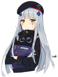 Rule 34 | 1girl, absurdres, beret, blush, breasts, crossed arms, flying sweatdrops, girls&#039; frontline, green eyes, hat, highres, hk416 (girls&#039; frontline), jacket, long hair, silver hair, simple background, solo, tuxedo de cat, white background