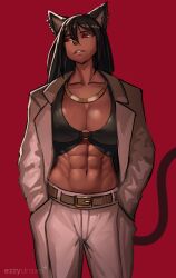 Rule 34 | 1girl, abs, absurdres, animal ears, black hair, breasts, cat ears, cat girl, cat tail, cleavage, dark skin, ezzydraws, fang, formal, highres, jacket, jewelry, large breasts, long hair, muscular, muscular female, necklace, open clothes, open jacket, original, red background, red eyes, solo, suit, tail, toned