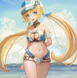 Rule 34 | 1girl, :d, arm garter, arms behind back, bare shoulders, bikini, blonde hair, blue eyes, breasts, cleavage, cleavage cutout, clothing cutout, collar, cowboy shot, day, floating hair, frame arms girl, gluteal fold, heart cutout, highleg, highleg bikini, highres, hresvelgr ater, long hair, looking at viewer, low twintails, medium breasts, navel, open mouth, outdoors, smile, solo, stomach, sunga2usagi, swimsuit, thigh gap, thighs, twintails, very long hair, visor cap, white bikini