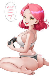 Rule 34 | 1girl, :d, ass, barefoot, black panties, blue nails, bra, breasts, commentary, controller, eden (shiroki yuutsu), english text, forehead, game controller, highres, holding, holding controller, holding game controller, large breasts, looking at viewer, open mouth, original, panties, playstation controller, red hair, short hair, sitting, skindentation, smile, solo, speech bubble, symbol-only commentary, teeth, thighs, toes, underwear, underwear only, vanilla (eden (shiroki yuutsu)), wariza, white bra, yellow eyes