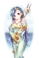 Rule 34 | 1girl, bare shoulders, breasts, chrono cross, cleavage, collarbone, dress, eyeshadow, flower, from side, green dress, hair ornament, headpiece, highres, jewelry, long hair, looking at viewer, makeup, necklace, pearl necklace, purple hair, red eyes, ribbon, riddel, smiley face, snake, snake hair ornament, solo, tamichan, very long hair