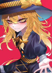 Rule 34 | 1girl, 33 gaff, absurdres, alternate costume, black dress, black hat, blonde hair, bow, braid, commentary request, dress, hair between eyes, hair bow, hat, highres, kirisame marisa, long hair, looking at viewer, orange bow, red background, simple background, single braid, smile, solo, touhou, witch hat, yellow eyes