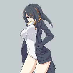 Rule 34 | 10s, 1girl, black hair, black jacket, breasts, brown eyes, collar, covered navel, cowboy shot, drawstring, emperor penguin (kemono friends), expressionless, eyelashes, from side, grey background, groin, hair over one eye, hands in pockets, headphones, jacket, kemono friends, large breasts, leotard, long sleeves, looking at viewer, medium hair, multicolored clothes, multicolored hair, multicolored jacket, nameko houshi, oekaki, open clothes, open jacket, orange hair, pocket, simple background, solo, swept bangs, tail, thighs, tsurime, turtleneck, two-tone hair, white jacket, white leotard