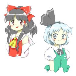 Rule 34 | 2girls, :d, aqua vest, ascot, blue hair, bow, buttons, collared shirt, detached sleeves, flat chest, frilled ascot, frilled bow, frilled hair tubes, frills, grey eyes, grey hair, grey hairband, grey ribbon, hair bow, hair tubes, hairband, hakurei reimu, konpaku youmu, light blue hair, long hair, multiple girls, neck ribbon, nonamejd, official style, open mouth, paw print, paw print pattern, puffy short sleeves, puffy sleeves, red bow, red eyes, ribbon, shirt, short hair, short sleeves, simple background, smile, touhou, vest, white background, white shirt, white sleeves, wily beast and weakest creature, yellow ascot, zun (style)