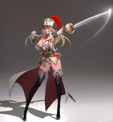 Rule 34 | 1girl, armor, black footwear, blonde hair, boots, breasts, cleavage, closed mouth, detached sleeves, elf, epaulettes, faulds, full body, gloves, hat, highres, holding, holding sword, holding weapon, large breasts, long hair, long sleeves, looking at viewer, original, outstretched arm, panties, pointy ears, rapier, sideboob, smile, smjim1986, solo, standing, sword, thigh boots, thighhighs, underwear, waist cape, weapon, white gloves, white panties, yellow eyes