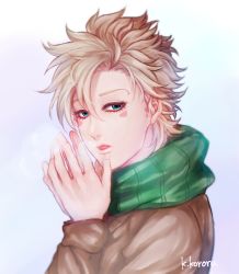 Rule 34 | 1boy, artist name, blonde hair, breath, caesar anthonio zeppeli, eyelashes, facial mark, from side, green eyes, jojo no kimyou na bouken, kedouin kororu, looking at viewer, male focus, own hands together, scarf, signature, solo, upper body