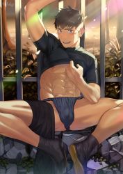 Rule 34 | 1boy, abs, absurdres, against fence, arm up, artist name, bara, black fundoshi, black hair, black male underwear, black shirt, black shorts, blush, brown eyes, bulge, butterfly sitting, clothes lift, clothes pull, fence, fundoshi, hand up, highres, japanese clothes, jika-tabi, lifting own clothes, looking at viewer, male focus, male underwear, navel, nipples, on ground, open mouth, original, outdoors, rock, shirt, shirt lift, short hair, short shorts, short sleeves, shorts, shorts around one leg, shorts pull, signature, sitting, solo, spread legs, sunlight, sweat, turtleneck, underwear, watari yuu (haskey), wavy mouth