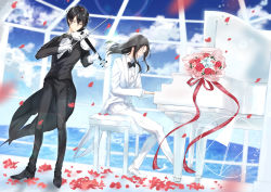 Rule 34 | 2boys, absurdres, bad id, bad pixiv id, black footwear, black hair, black neckwear, black pants, black suit, blue sky, bouquet, bow, bow (music), bowtie, brown eyes, cain art811, day, closed eyes, flower, formal, gloves, grand piano, highres, instrument, lens flare, long hair, long sleeves, male focus, multiple boys, music, original, pants, petals, piano, piano bench, playing instrument, red ribbon, ribbon, sidelocks, sitting, sky, standing, suit, veil, violin, white gloves, white pants, white suit