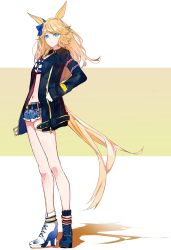 Rule 34 | 1girl, animal ears, asymmetrical footwear, belt, belt buckle, black jacket, blonde hair, blue eyes, boots, bow, buckle, closed mouth, collar, denim, denim shorts, glint, gloves, gold city (umamusume), hair bow, high heel boots, high heels, highres, horse ears, horse girl, horse tail, ikurauni, jacket, long hair, looking at viewer, mismatched footwear, navel, open clothes, open jacket, shadow, shorts, solo, standing, tail, two-tone background, umamusume, white gloves