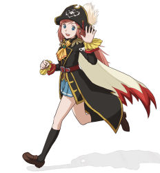 Rule 34 | 1girl, :d, ascot, bad id, bad pixiv id, belt, blue eyes, cape, epaulettes, full body, hair ornament, hairclip, hat, katou marika, kneehighs, loafers, long hair, miniskirt pirates, open mouth, pink hair, pirate, pirate hat, running, samtx, shadow, shoes, skirt, skull and crossbones, smile, socks, solo, waving, white background