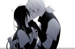 Rule 34 | age difference, arm warmers, black hair, hair tied back, hand on another&#039;s cheek, kiss, layered sleeves, long hair, long sleeves, monochrome, multiple boys, naruto (series), naruto shippuuden, orochimaru (naruto), rope belt, round eyewear, short over long sleeves, short sleeves, white background, yakushi kabuto, yaoi