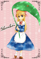 Rule 34 | 1girl, apron, blonde hair, blue dress, blue eyes, bobby socks, border, bow, buttons, capelet, character name, crystal clear, crystal clear m and a, dress, female focus, hair bow, holding, leaf, long hair, looking at viewer, pink background, shanghai doll, shoes, smile, snail, socks, solo, striped, striped background, touhou, water drop