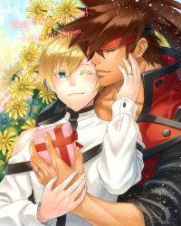 Rule 34 | 2boys, blonde hair, blue eyes, box, brown hair, closed eyes, english text, flower, gift, gift box, guilty gear, guilty gear xx, hand on own face, highres, ky kiske, multiple boys, pale skin, smile, sol badguy, tan, yaoi, yellow flower, yumeoti