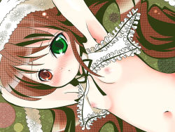 Rule 34 | 00s, 1girl, blush, breasts, brown hair, heterochromia, long hair, navel, nipples, rozen maiden, small breasts, solo, suiseiseki, takamoto akisa