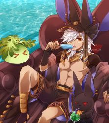 Rule 34 | &gt; &lt;, 1boy, abs, animal ears, animal hat, arabian clothes, artist name, black hat, bridal gauntlets, brown shorts, cyno (genshin impact), dark-skinned male, dark skin, drink, drinking straw, ear piercing, food, genshin impact, hair over one eye, hat, holding, holding food, hutaba 29, inflatable toy, jackal ears, knee up, looking at viewer, lying, male focus, medium hair, midriff, on back, one eye covered, open mouth, parted bangs, piercing, popsicle, rabbit, red eyes, shorts, sidelocks, slime (creature), slime (genshin impact), solo, stomach, swept bangs, teeth, twitter username, water, white hair