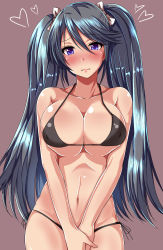 Rule 34 | 10s, 1girl, ar (lover boy), bikini, black bikini, black panties, blue hair, blush, breasts, collarbone, covered erect nipples, covering privates, covering crotch, embarrassed, grey background, hair between eyes, hair tie, heart, highres, isuzu (kancolle), kantai collection, large breasts, long hair, looking at viewer, micro bikini, navel, panties, purple background, purple eyes, side-tie panties, simple background, skindentation, solo, swimsuit, twintails, underwear