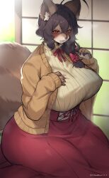 Rule 34 | 1girl, absurdres, ahoge, animal ears, animal nose, black hair, blush, bow, breasts, cardigan, closed mouth, furry, furry female, hair between eyes, hair bow, highres, huge breasts, looking at viewer, medium hair, open cardigan, open clothes, original, red bow, red eyes, red skirt, skirt, smile, snout, solo, suurin (ksyaro), sweater, tail, twitter username, white sweater