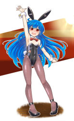 Rule 34 | 1girl, animal ears, arm up, black footwear, black leotard, black pantyhose, blue hair, bow, bowtie, covered navel, detached collar, fishnet pantyhose, fishnets, flat chest, full body, hinanawi tenshi, leotard, long hair, mail (mail gell), pantyhose, playboy bunny, rabbit ears, rabbit girl, rabbit tail, red bow, red bowtie, red eyes, solo, strapless, strapless leotard, tail, touhou, wrist cuffs