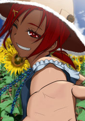 Rule 34 | 10s, 1girl, bare shoulders, blush, eyelashes, flower, grin, hair ornament, hairclip, hat, highres, hino akane (smile precure!), jewelry, necklace, one eye closed, outstretched hand, ponytail, precure, red eyes, red hair, shadow, shinkuoh, short hair, smile, smile precure!, solo, sunflower, wink