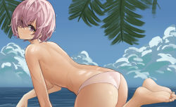 Rule 34 | 1girl, absurdres, ass, bare shoulders, blush, breasts, dddm, fate/grand order, fate (series), highres, large breasts, looking at viewer, mash kyrielight, ocean, outdoors, parted lips, pink hair, purple eyes, soles, topless, water, wet
