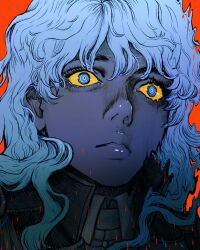 Rule 34 | 1boy, berserk, blue eyes, coat, collared coat, collared shirt, griffith (berserk), long hair, looking away, male focus, nisino2222, open clothes, open coat, parted lips, portrait, red background, shirt, solo, wavy hair, white hair