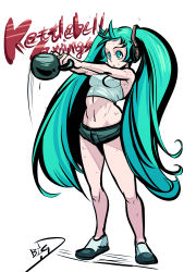 Rule 34 | 1girl, aqua eyes, aqua hair, big-d, breasts, covered erect nipples, exercising, flats, focused, full body, hatsune miku, headphones, highres, long hair, short shorts, shorts, small breasts, solo, sports bra, sweat, tattoo, toned, twintails, very long hair, vocaloid, weights