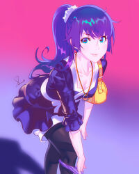 Rule 34 | 1girl, bag, bakemonogatari, black pantyhose, blue background, blue eyes, blush, breasts, cleavage, closed mouth, collarbone, commentary request, dress, feet out of frame, frilled dress, frills, gradient background, hair ornament, hair scrunchie, handbag, heart, heart necklace, highres, jewelry, leaning forward, long hair, looking at viewer, medium breasts, monogatari (series), multicolored background, necklace, panties, panties around leg, pantyhose, ponytail, purple dress, purple hair, rapa rachi, red background, revision, ribbon, scrunchie, senjougahara hitagi, shadow, signature, sleeves past elbows, solo, underwear, white scrunchie