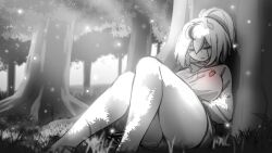 Rule 34 | 1girl, ahoge, breasts, feet out of frame, forest, grass, highres, kay yu, knees up, large breasts, monochrome, nature, original, pink-haired girl (kay yu), ponytail, shaded face, shadow, shorts, sleeping, sweater, thighs