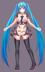 Rule 34 | 1girl, absurdres, alternate costume, aqua eyes, aqua hair, bad id, bad pixiv id, blush, boots, breasts, c-string, cameltoe, groin, hatsune miku, highres, jack dempa, long hair, navel, pussy, see-through, smile, solo, strapless bottom, thigh boots, thighhighs, twintails, very long hair, vocaloid
