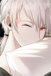 Rule 34 | 1boy, cheritz, covering own mouth, hair between eyes, hair tie, heart, hugging object, long hair, looking at viewer, low ponytail, male focus, official art, one eye closed, pillow, pillow hug, red eyes, shirt, solo, susanghan messenger, third-party source, white hair, zen (susanghan messenger)