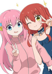 Rule 34 | 2girls, ;), blue dress, blue eyes, bocchi the rock!, collarbone, commentary request, cube hair ornament, dress, dutch angle, gotoh hitori, green eyes, hair between eyes, hair ornament, hands up, highres, jacket, kita ikuyo, locked arms, long hair, long sleeves, looking at viewer, massala, multiple girls, nervous smile, one eye closed, one side up, pink hair, pink jacket, red hair, simple background, smile, sparkle, track jacket, turn pale, v, very long hair, white background