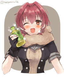 Rule 34 | 1girl, black gloves, blush, bottle, breasts, brown eyes, brown scarf, commentary request, cropped torso, gloves, hair between eyes, hatomaru (hatomaru56), holding, holding bottle, kantai collection, kinu (kancolle), kinu kai ni (kancolle), looking at viewer, one-hour drawing challenge, one eye closed, open mouth, partially fingerless gloves, red hair, scarf, short hair, short sleeves, simple background, solo, twintails, two-tone background, upper body